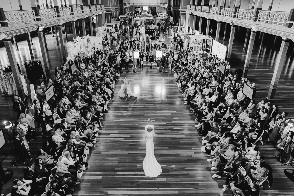 Black and white photo of a wedding runway